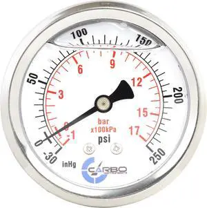 CARBO Instruments 2 1-2" Pressure Gauge, Stainless Steel Case, Chrome Plated Brass Connection, Liquid Filled, Compound Vacuum -30 Hg - 0-250 psi Back Mount 1/4" NPT