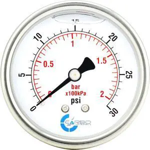 CARBO Instruments 2 1-2" Pressure Gauge, Stainless Steel Case, Chrome Plated Brass Connection, Liquid Filled, 0-30 psi/kPa, Back Mount 1/4" NPT