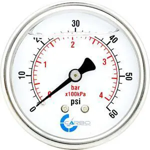 CARBO Instruments 2 1-2" Pressure Gauge, Stainless Steel Case, Chrome Plated Brass Connection, Liquid Filled, 0-60 psi/kPa, Back Mount 1/4" NPT