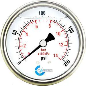 CARBO Instruments 2 1-2" Pressure Gauge, Stainless Steel Case, Chrome Plated Brass Connection, Liquid Filled, 0-200 psi/kPa, Back Mount 1/4" NPT