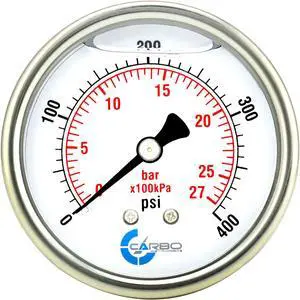 CARBO Instruments 2 1-2" Pressure Gauge, Stainless Steel Case, Chrome Plated Brass Connection, Liquid Filled, 0-400 psi/kPa, Back Mount 1/4" NPT