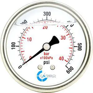 CARBO Instruments 2 1-2" Pressure Gauge, Stainless Steel Case, Chrome Plated Brass Connection, Liquid Filled, 0-600 psi/kPa, Back Mount 1/4" NPT