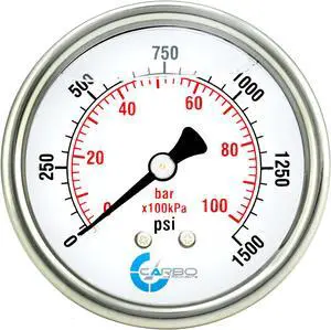 CARBO Instruments 2 1-2" Pressure Gauge, Stainless Steel Case, Chrome Plated Brass Connection, Liquid Filled, 0-1500 psi/kPa, Back Mount 1/4" NPT