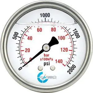 CARBO Instruments 2 1-2" Pressure Gauge, Stainless Steel Case, Chrome Plated Brass Connection, Liquid Filled, 0-2000 psi/kPa, Back Mount 1/4" NPT