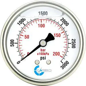 CARBO Instruments 2 1-2" Pressure Gauge, Stainless Steel Case, Chrome Plated Brass Connection, Liquid Filled, 0-3000 psi/kPa, Back Mount 1/4" NPT