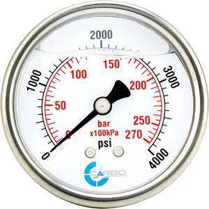 CARBO Instruments 2 1-2" Pressure Gauge, Stainless Steel Case, Chrome Plated Brass Connection, Liquid Filled, 0-4000 psi/kPa, Back Mount 1/4" NPT