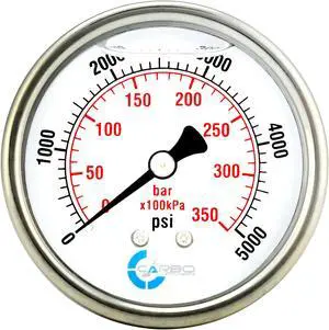 CARBO Instruments 2 1-2" Pressure Gauge, Stainless Steel Case, Chrome Plated Brass Connection, Liquid Filled, 0-5000 psi/kPa, Back Mount 1/4" NPT