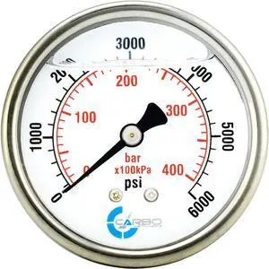 CARBO Instruments 2 1-2" Pressure Gauge, Stainless Steel Case, Chrome Plated Brass Connection, Liquid Filled, 0-6000 psi/kPa, Back Mount 1/4" NPT