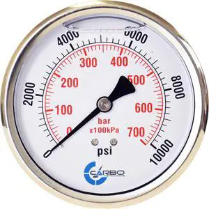 CARBO Instruments 2 1-2" Pressure Gauge, Stainless Steel Case, Chrome Plated Brass Connection, Liquid Filled, 0-10000 psi/kPa, Back Mount 1/4" NPT