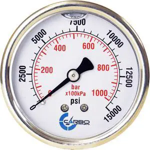 CARBO Instruments 2 1-2" Pressure Gauge, Stainless Steel Case, Chrome Plated Brass Connection, Liquid Filled, 0-15000 psi/kPa, Back Mount 1/4" NPT