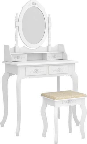 QXDRAGON Vanity Table Set,Makeup Table with Oval Mirror & Stool, Bedroom Wood Dressing Table with 4 Drawers White