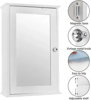QXDRAGON Wall Mounted Bathroom Cabinet, 2-in-1 Mirror Medicine Cabinet with 3 Heights Adjustable Shelf & Single Mirror Door Storage Cabinet Over-The-Toilet Storage Organizer (White)