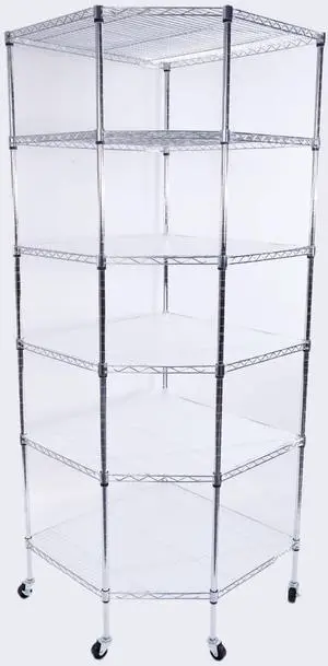 QXDRAGON 6 Tiers Corner Shelf, Adjustable Metal Storage Wire Shelving Unit Corner Rack Corner Shelving, Free Standing Storage Rack Display with Wheel for Garage Living Room, Bathroom, Kitchen, Silver