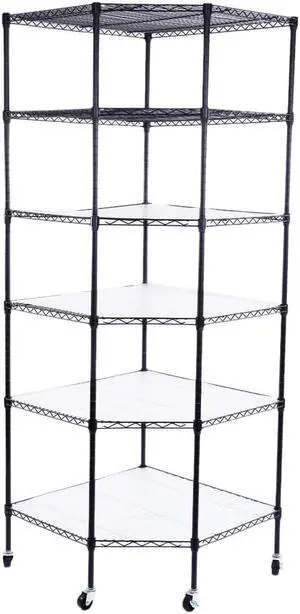 QXDRAGON 6 Tiers Corner Shelf, Adjustable Metal Storage Wire Shelving Unit Corner Rack Corner Shelving, Free Standing Storage Rack Display with Wheel for Garage Living Room, Bathroom, Kitchen, Black