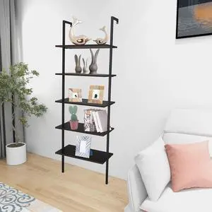QXDRAGON 5-Shelf Wood Bookcase, Wall Mounted Open Ladder Bookshelf with Metal Frame for Living Room, Bedroom, Home, Office, Black