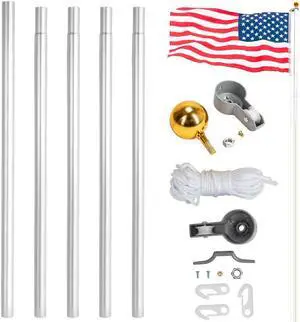 QXDRAGON 20ft Sectional Flag Pole Kit, Heavy Duty Aluminum Outdoor In-Ground Flagpole, Gold Ball Top, with 2Pcs 3x5 USA Flag for Residential Commercial Outdoor Garden