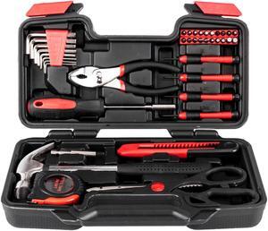 QXDRAGON 39Pcs Portable Tool Kit Household Hand Toolbox General Repair Screwdriver Pliers Hammer Hex Set, Red