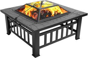 32" Heavy Duty 3 in 1 Metal Square Patio Firepit Fireplace Table BBQ Grill Garden Stove with Spark Screen Cover Log Grate and Poker for Outside Wood Burning and Drink Cooling