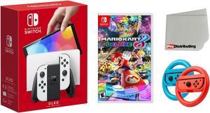 Nintendo Switch OLED White Console with Mario Kart 8 Steering Wheel Set and Screen Cleaning Cloth Bundle