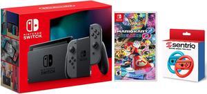 Nintendo Switch with Gray Joy-Cons + Mario Kart 8 Deluxe + Sentriq Racing Wheel Two Pack Joy Con Attachments - Japan Import with US Plug
