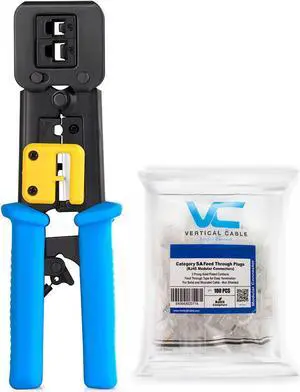 Vertical Cable RJ45 / RJ11 Professional Termination Crimping Tool and Cat5E Feed Through RJ45 Connectors Bundle - 100 Count