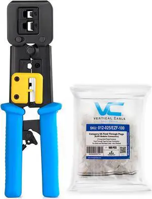 Vertical Cable RJ45 / RJ11 Professional Termination Crimping Tool and CAT6 Feed Through RJ45 Connectors Bundle - 100 Count