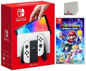 Nintendo Switch OLED White Edition + Mario + Rabbids Sparks of Hope + Sentriq Screen Cleaner - Japan Import with US Plug