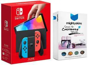 Nintendo Switch Neon Red & Blue OLED Console with MightySkins Console and Controller Skin Voucher