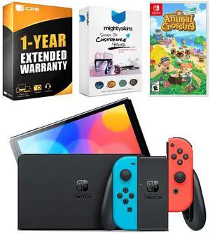 Nintendo Switch Neon Red & Blue OLED Console with Animal Crossing: New Horizons, MightySkins Console and Controller Skin Voucher and 1 Year CPS Extended Warranty