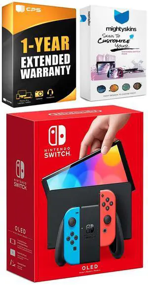 Nintendo Switch Neon Red & Blue OLED Console with MightySkins Console and Controller Skin Voucher and 1 Year CPS Extended Warranty