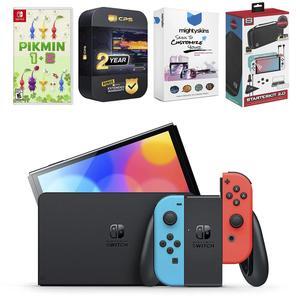 Nintendo Switch Neon Red Blue OLED Console with Pikmin 1 + 2, Surge Accessory Gaming Kit, MightySkins Console and Controller Skin Voucher and 2 Year CPS Extended Warranty