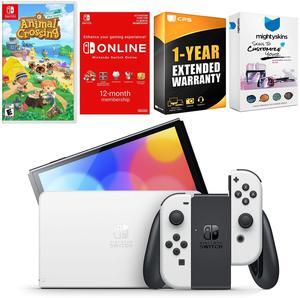 Nintendo Switch White OLED Console with Animal Crossing New Horizons, NSO 12 Month Family Membership, MightySkins Console and Controller Skin Voucher, and 1 Year CPS Extended Warranty