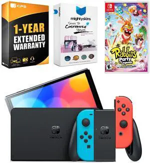 Nintendo Switch Neon Red & Blue OLED Console with Rabbids: Party of Legends, MightySkins Console and Controller Skin Voucher, and 1 Year CPS Extended Warranty
