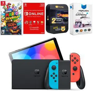 Nintendo Switch Neon Red & Blue OLED Console with Super Mario 3D World + Bowsers Fury , NSO 12 Month Family Membership, MightySkins Console and Controller Skin Voucher and 2 Year CPS Extended Warr