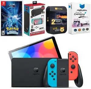 Nintendo Switch Neon Red & Blue OLED Console with Pokemon Brilliant Diamond Edition, Surge Accessory Gaming Kit, MightySkins Console and Controller Skin Voucher, and 2 Year CPS Extended Warranty