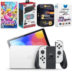 Nintendo Switch White OLED Console with Princess Peach: Showtime!, Surge Accessory Gaming Kit, MightySkins Console and Controller Skin Voucher, and 2 Year CPS Extended Warranty