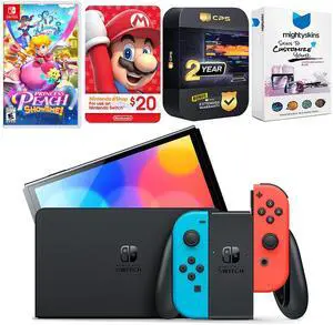 Nintendo Switch Neon Red & Blue OLED Console with Princess Peach: Showtime!, Nintendo $20 eShop Gift Card, MightySkins Console and Controller Skin Voucher, and 2 Year CPS Extended Warranty