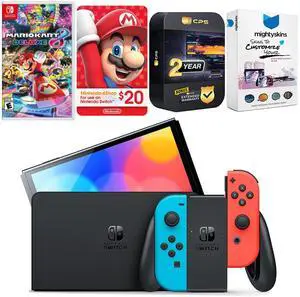 Nintendo Switch Neon Red & Blue OLED Console with Mario Kart 8 Deluxe, Nintendo $20 eShop Gift Card, MightySkins Console and Controller Skin Voucher and 2 Year CPS Extended Warranty