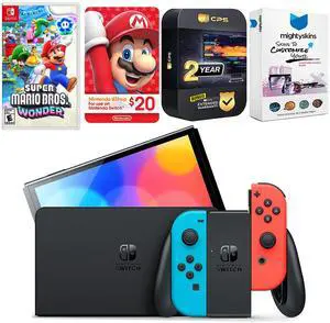 Nintendo Switch Neon Red & Blue OLED Console with Super Mario Bros. Wonder, Nintendo $20 eShop Gift Card, MightySkins Console and Controller Skin Voucher and 2 Year CPS Extended Warranty