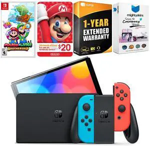 Nintendo Switch Neon Red & Blue OLED Console with Mario & Luigi: Brothership, Nintendo $20 eShop Gift Card, MightySkins Console and Controller Skin Voucher and 1 Year CPS Extended Warranty