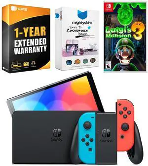 Nintendo Switch Neon Red & Blue OLED Console with Luigi's Mansion 3, MightySkins Console and Controller Skin Voucher, and 1 Year CPS Extended Warranty