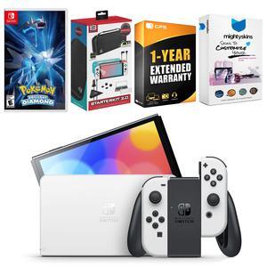 Nintendo Switch White OLED Console with Pokemon Brilliant Diamond, Surge Accessory Gaming Kit, MightySkins Console and Controller Skin Voucher, and 1 Year CPS Extended Warranty