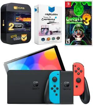 Nintendo Switch Neon Red & Blue OLED Console with Luigi's Mansion 3, MightySkins Console and Controller Skin Voucher, and 2 Year CPS Extended Warranty