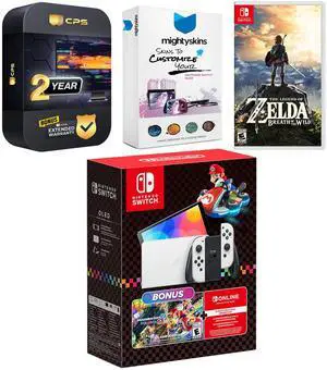 Nintendo Switch OLED Console Mario Kart 8 Deluxe Bundle with The Legend of Zelda Breath of the Wild, MightySkins Console and Controller Skin Voucher, and 2 Year CPS Extended Warranty