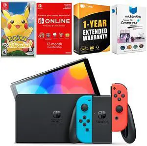Nintendo Switch Neon Red & Blue OLED Console with Pokemon Let's Go, Pikachu!, NSO 12 Month Family Membership, MightySkins Console and Controller Skin Voucher and 1 Year CPS Extended Warranty