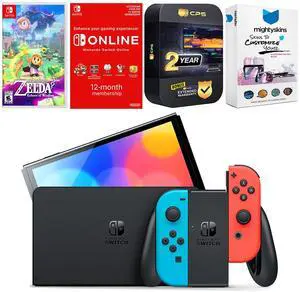 Nintendo Switch Neon OLED with Zelda Echoes Of Wisdom, Online Membership, MightySkins Voucher and 2 Year CPS Extended Warranty