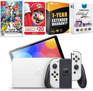Nintendo Switch White OLED Console with Super Smash Bros: Ultimate, Nintendo $20 eShop Gift Card, MightySkins Console and Controller Skin Voucher, and 1 Year CPS Extended Warranty