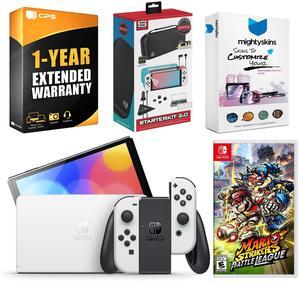 Nintendo Switch White OLED Console with Mario Strikers: Battle League, Surge Accessory Gaming Kit, MightySkins Console and Controller Skin Voucher, and 1 Year CPS Extended Warranty