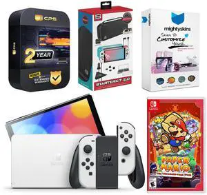 Nintendo Switch White OLED Console with Paper Mario: the Thousand Year Door, Surge Accessory Gaming Kit, MightySkins Console and Controller Skin Voucher, and 2 Year CPS Extended Warranty