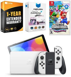 Nintendo Switch White OLED Console with Super Mario Bros. Wonder, MightySkins Console and Controller Skin Voucher, and 1 Year CPS Extended Warranty